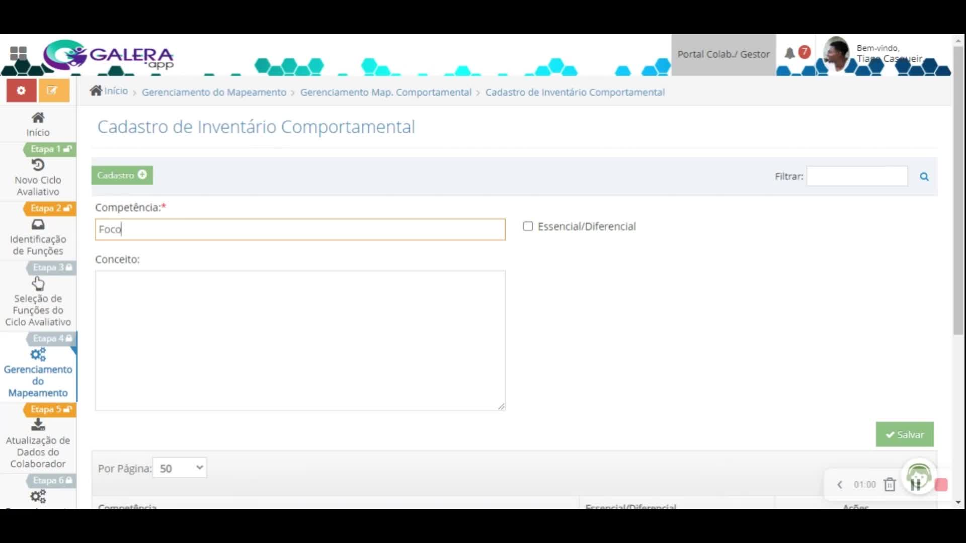 16. Módulo Avaliação de Desempenho - Etapa 4 - Gerenciamento do Mapeamento Comportamental - Cadastro do Inventario Comportamental