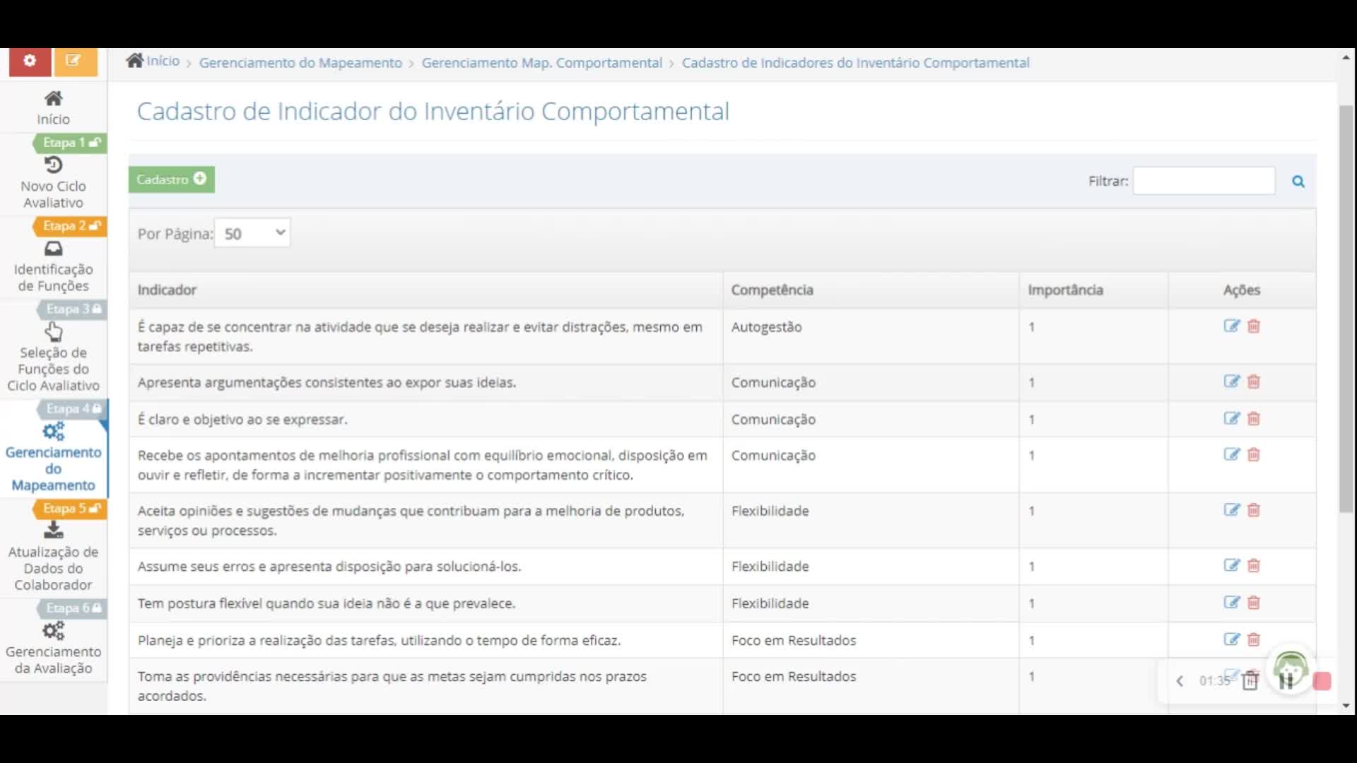 17. Módulo Avaliação de Desempenho - Etapa 4 - Cadastro dos Indicadores do Inventário Comportamental